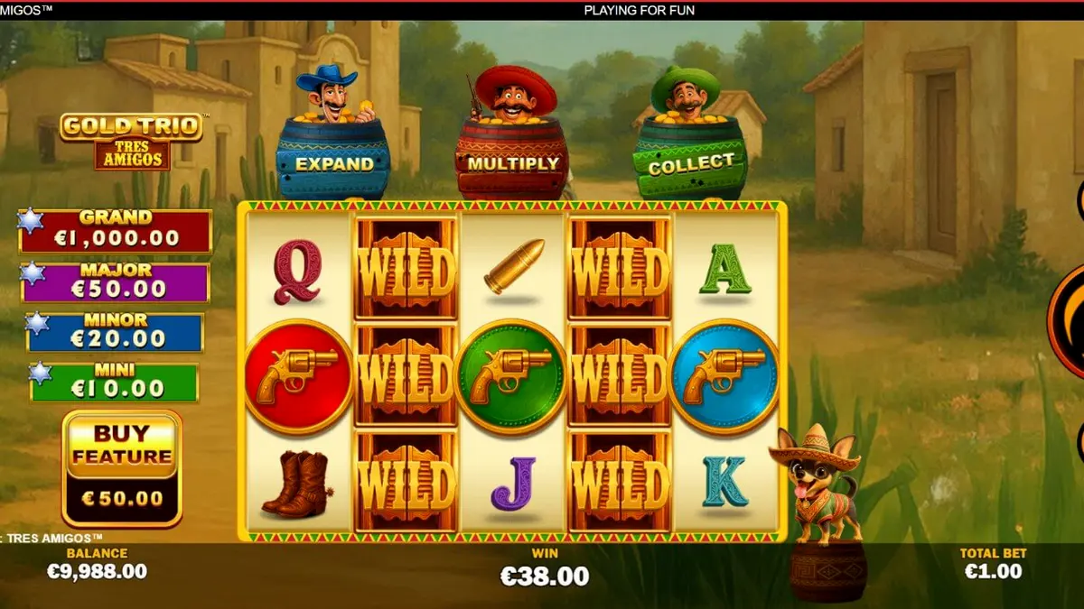 Cenário festivo e colorido do slot Gold Trio: Tres Amigos com elementos mexicanos