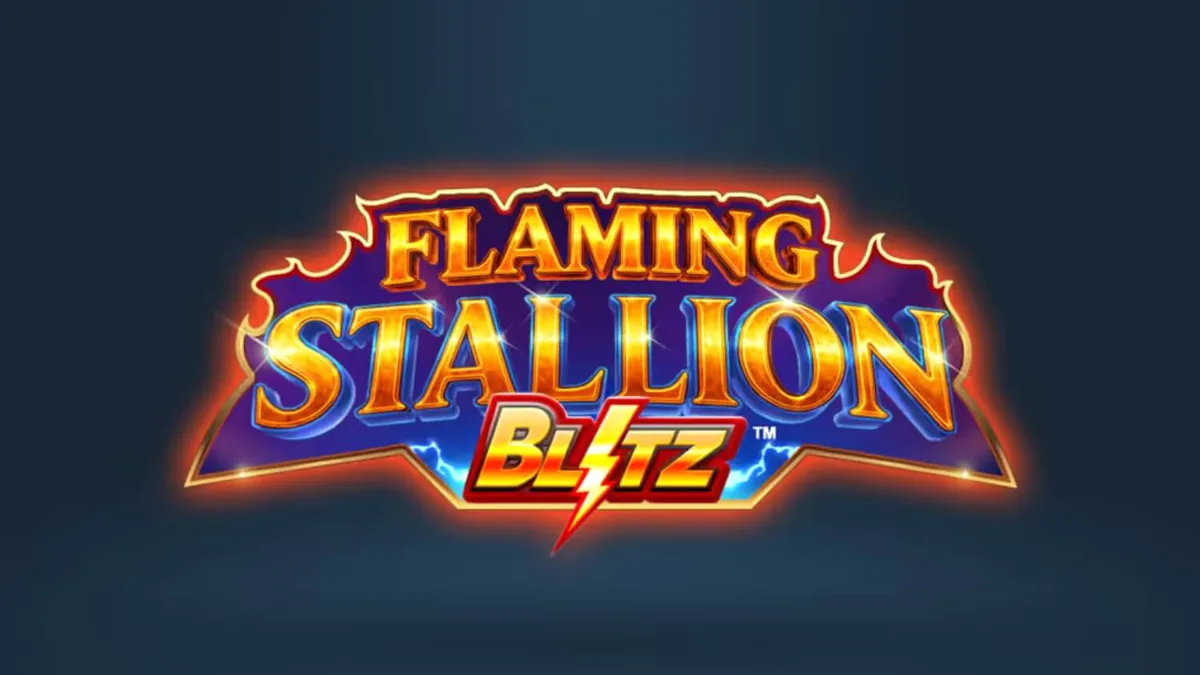 Cenário desértico vibrante com o logo do slot Flaming Stallion Blitz