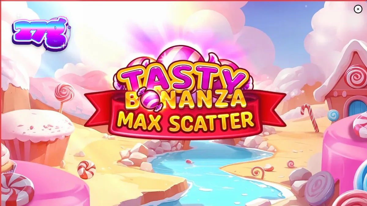 Interface colorida e vibrante do slot Tasty Bonanza Max Scatter com doces e guloseimas